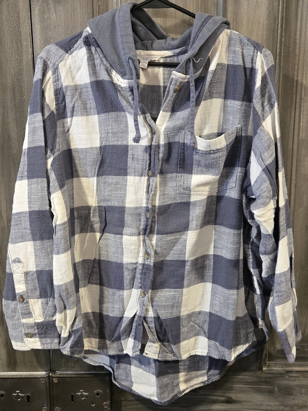 Time and Tru Blue and White Plaid Hooded Button-Down Shirt